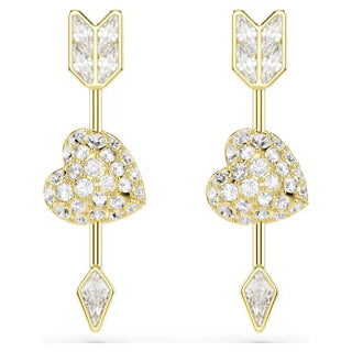 Swarovski Idyllia drop earrings, Mixed cuts, Heart with arrow, White, Gold-tone plated 5737295