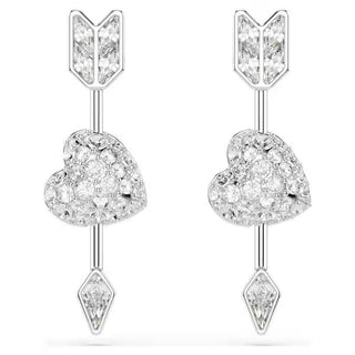 Swarovski Idyllia drop earrings, Mixed cuts, Heart with arrow, White, Rhodium plated 5749602