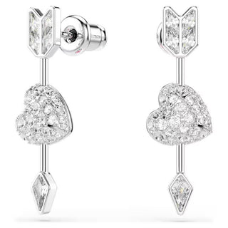 Swarovski Idyllia drop earrings, Mixed cuts, Heart with arrow, White, Rhodium plated 5749602
