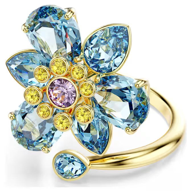 Swarovski - Idyllia open ring, Mixed cuts, Flower, Blue, Gold-tone plated 5709031