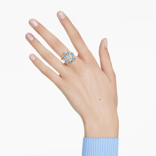 Swarovski - Idyllia open ring, Mixed cuts, Flower, Blue, Gold-tone plated 5709031