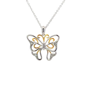 Colgante de mariposa con diamantes de 0,02 quilates en oro de 10 quilates en dos tonos, 18"