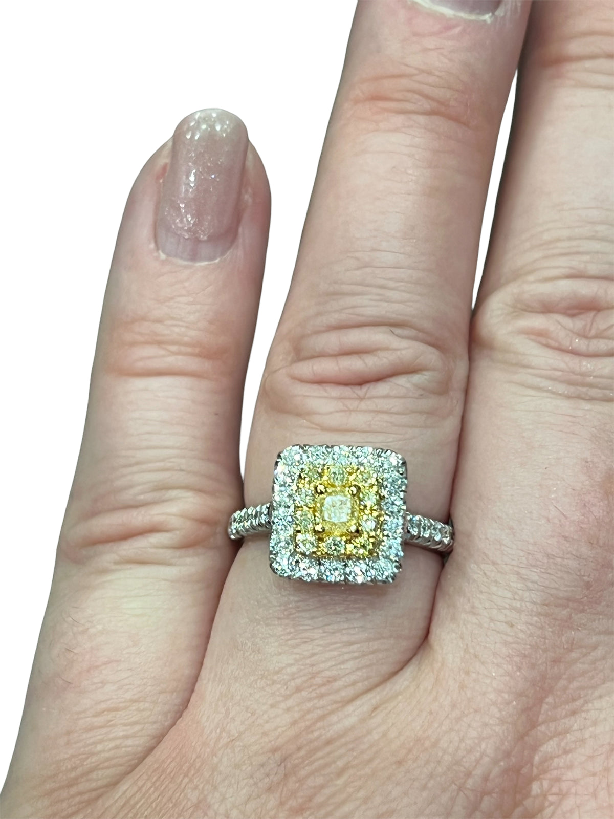 18K White Gold Fancy Yellow and White Diamond Ring - size 6.5