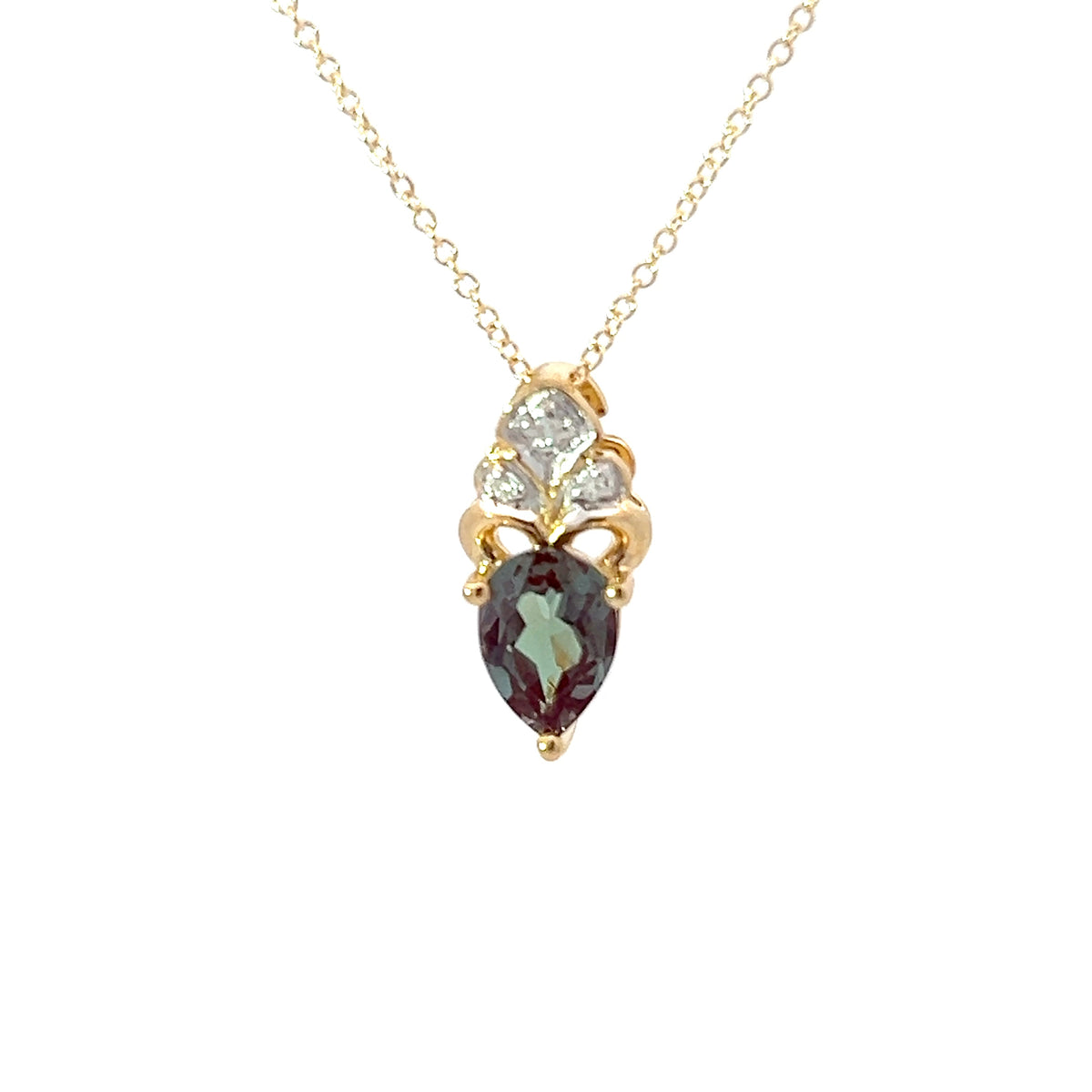 10K Yellow Gold 7x5mm Pear Cut Created Alexandrite and 0.018cttw Diamond Necklace - 18 Inches