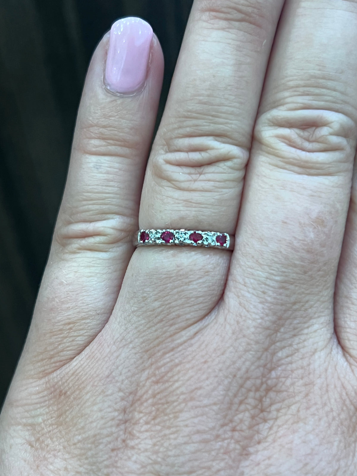 10K White Gold 0.02cttw Diamond with Ruby Ring - Size 6.5