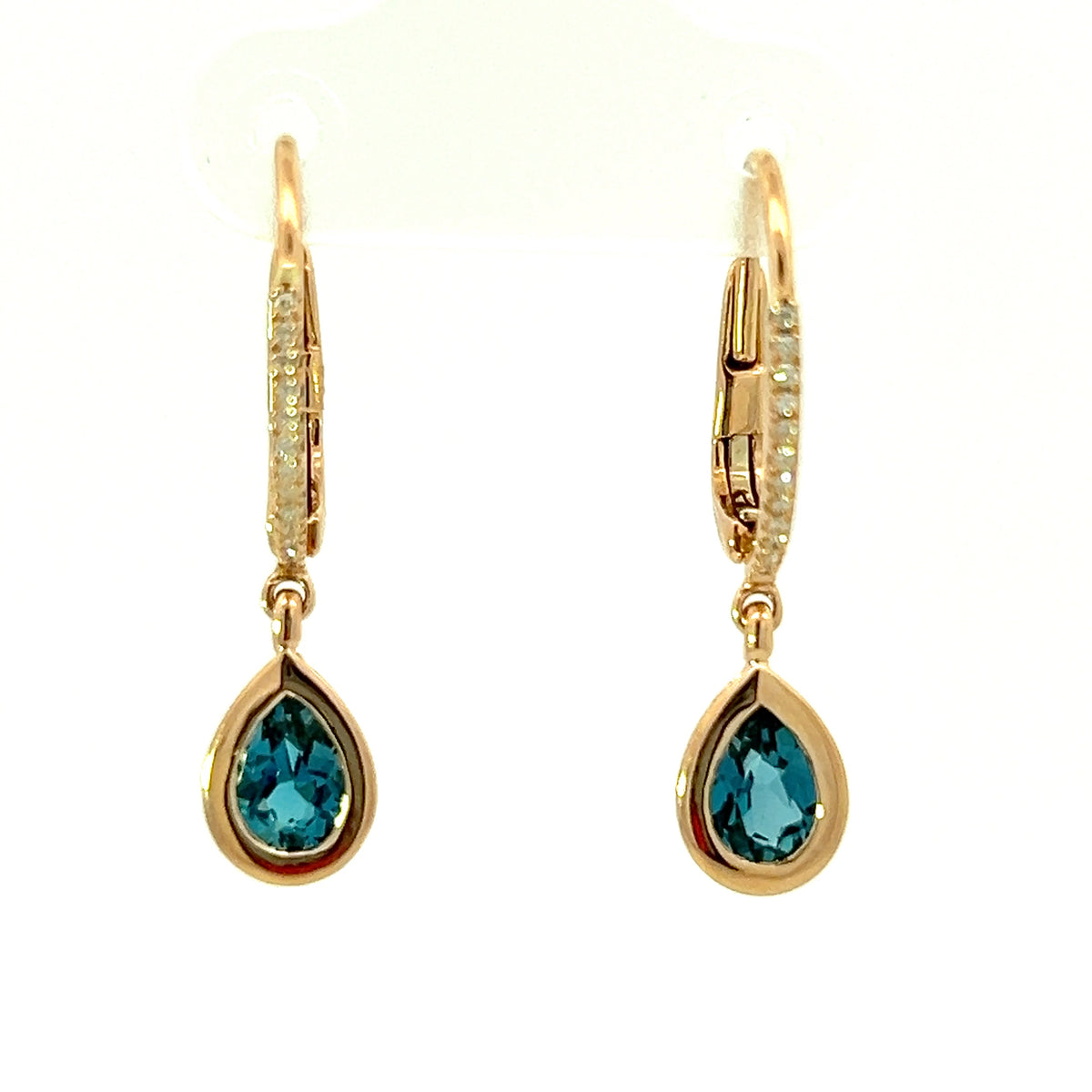 14K Rose Gold Blue Topaz and Diamond Dangle Earrings