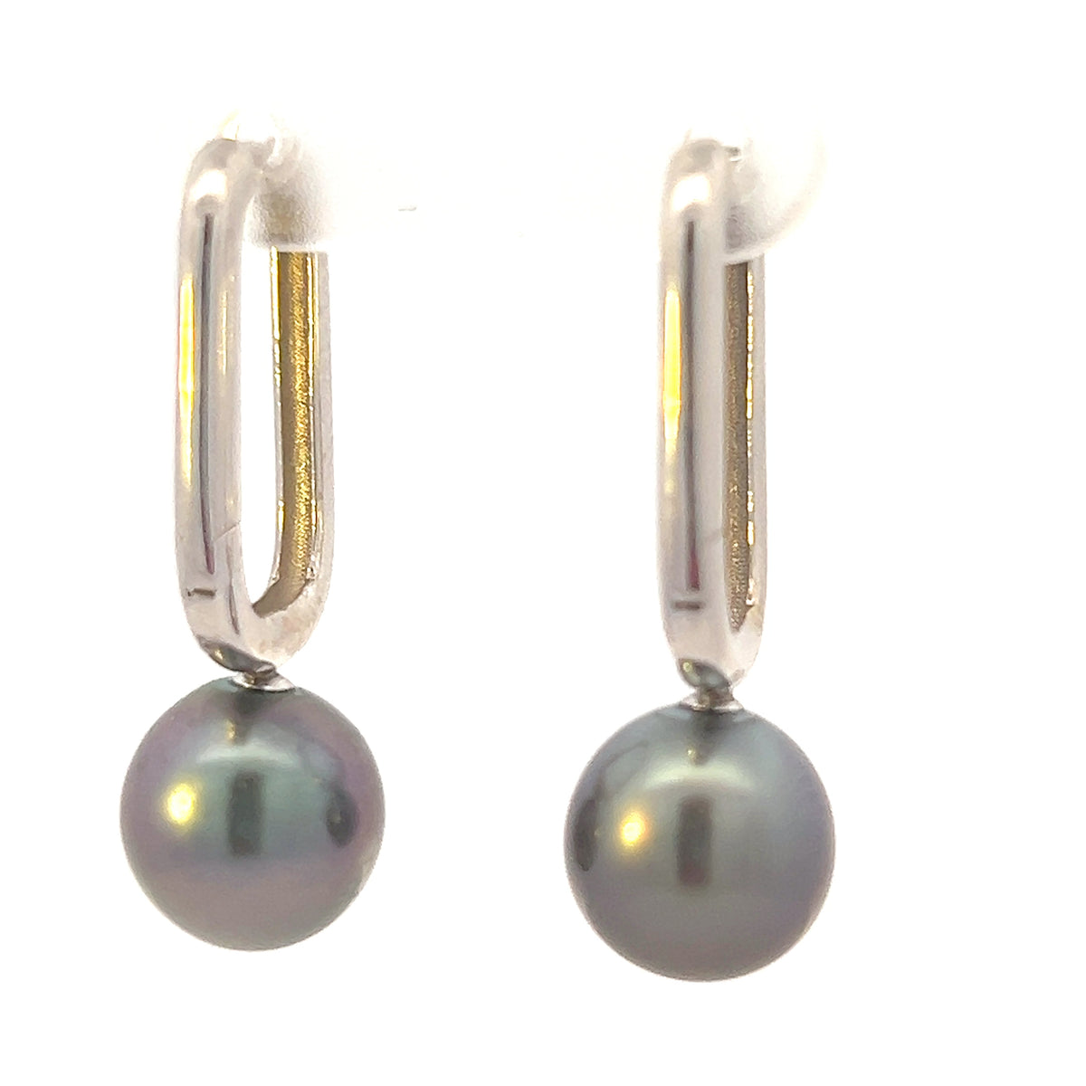 10K White Gold Tahitian Pearl Drop / Dangle Huggie Earrings