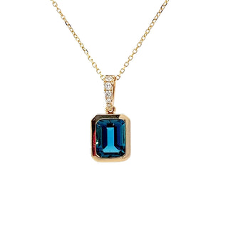 14K Yellow Gold Blue Topaz & Diamond Pendant, 18"