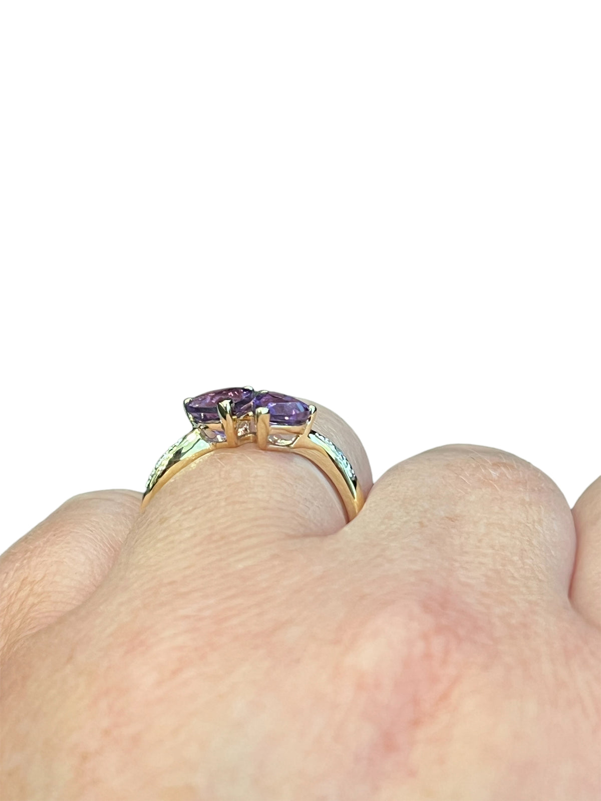 10K Yellow Gold Amethyst &amp; Diamond Double Heart Ring, size 7