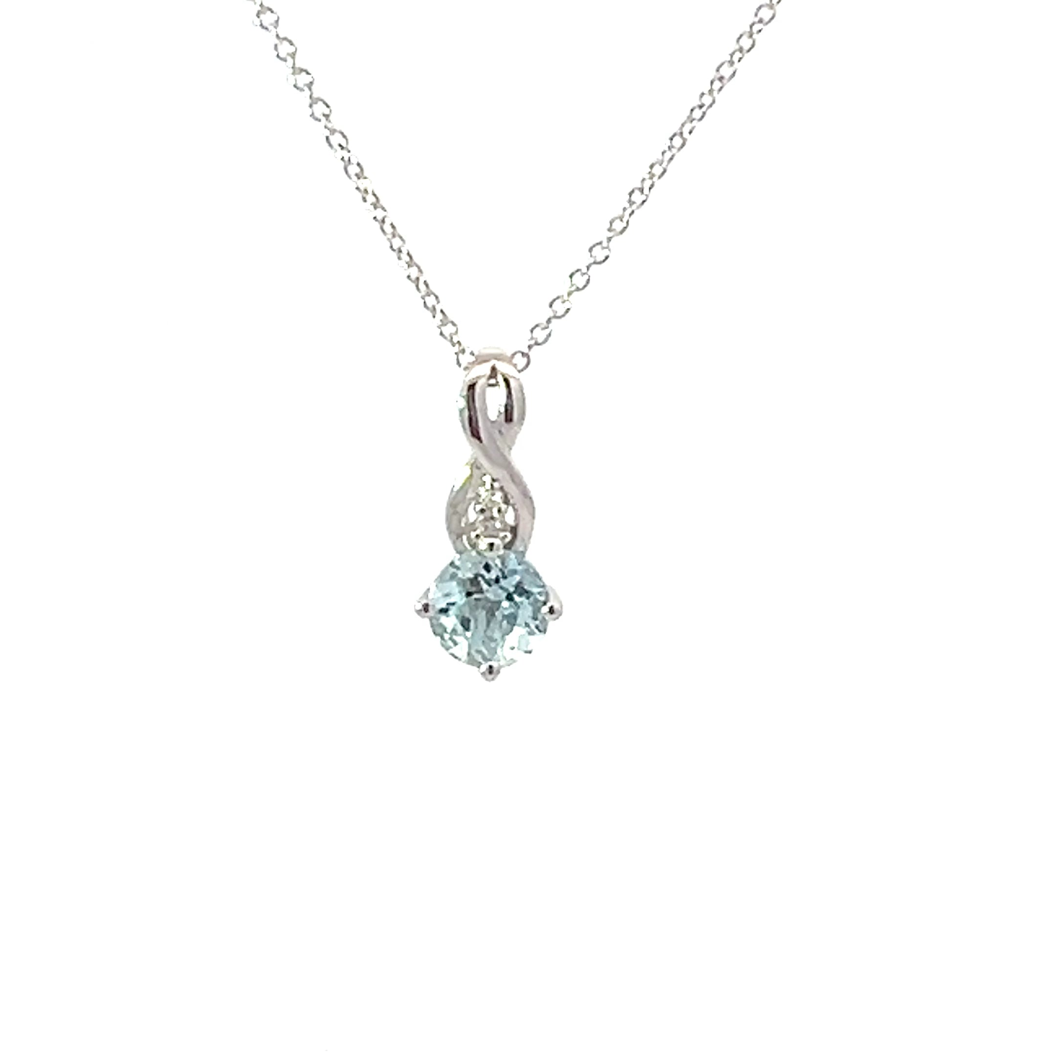 10K White Gold 5.0mm Round Cut Aquamarine & 0.01cttw Diamond Pendant - 18"
