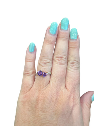 Anillo de oro amarillo de 10 quilates con amatista y diamantes con doble corazón, talla 7