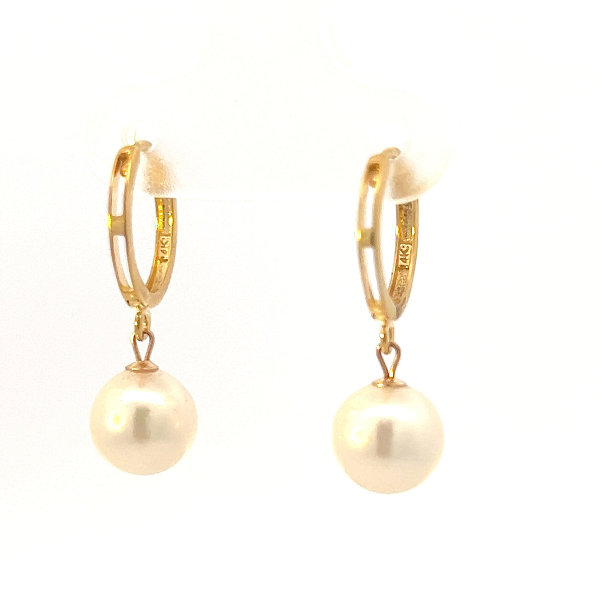 14K Yellow Gold Cultured Pearl Drop / Dangle Huggie Earrings