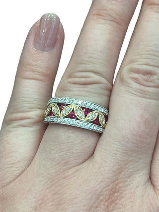 Anillo de diamantes y rubíes de oro blanco y amarillo de 14 quilates - talla 6,5