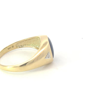 10K Yellow Gold Synthetic Star Sapphire and Diamond Gents Ring, size 10