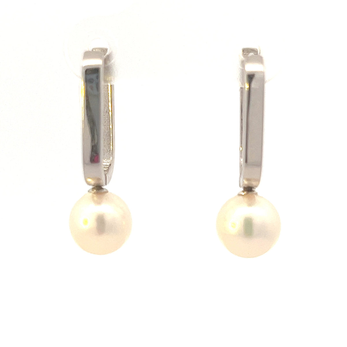 10K White Gold Cultured Pearl Drop / Dangle Huggie Earrings