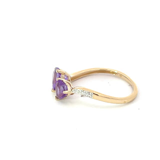 Anillo de oro amarillo de 10 quilates con amatista y diamantes con doble corazón, talla 7