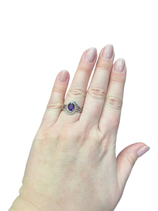 Anillo de plata de ley con amatista y diamantes, talla 6