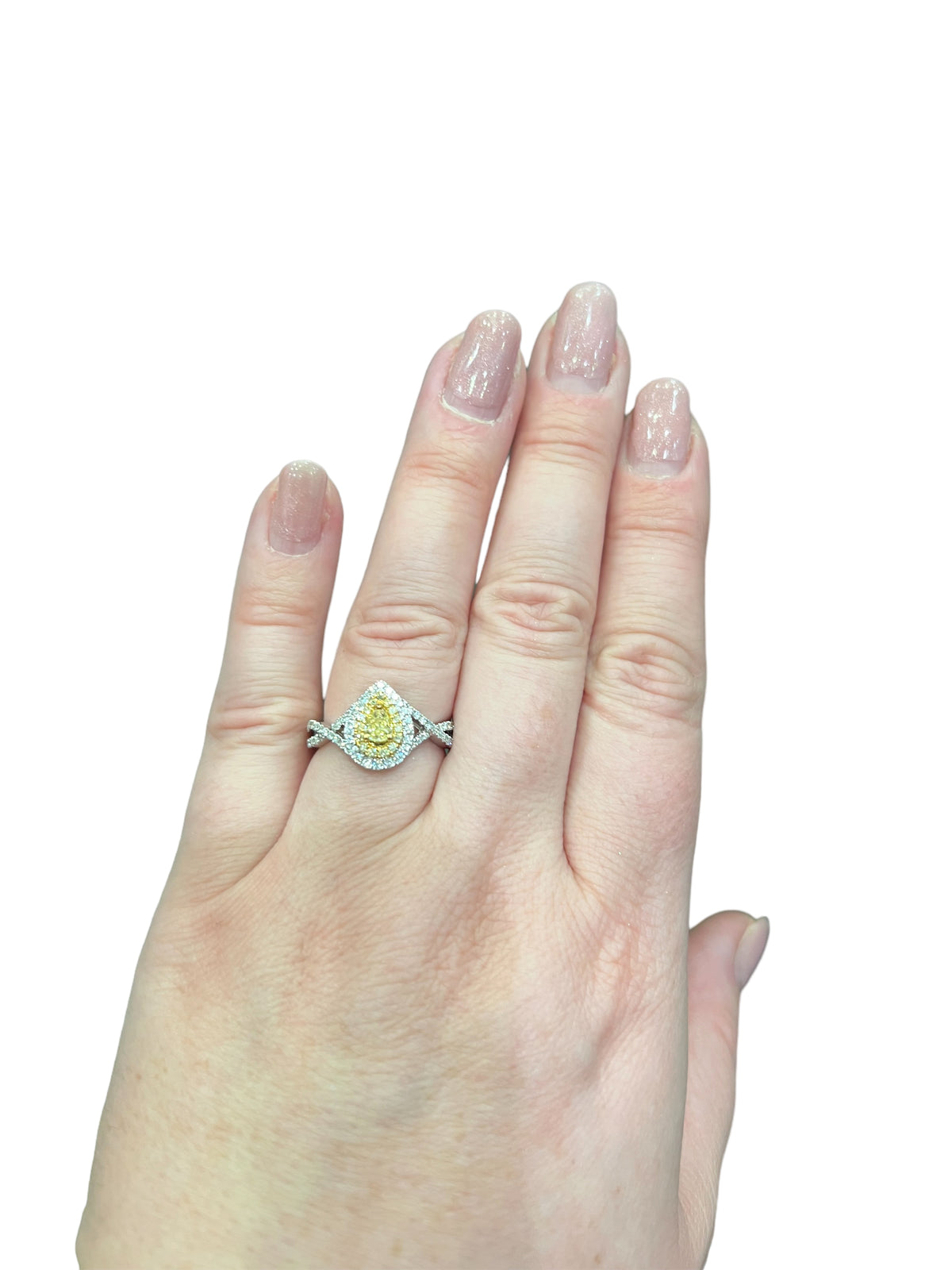 18K White Gold Fancy Yellow and White Diamond Ring - size 6.5