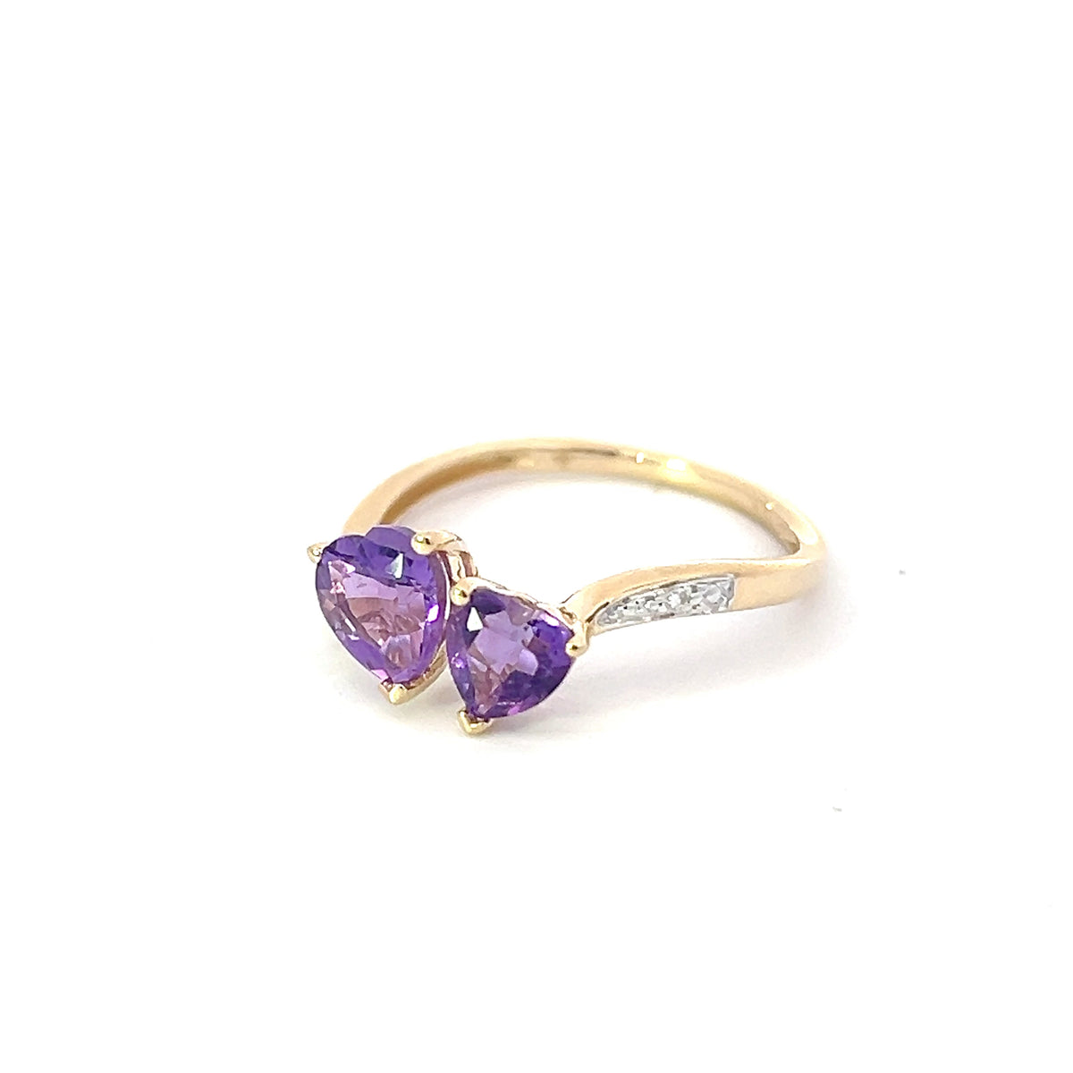 10K Yellow Gold Amethyst &amp; Diamond Double Heart Ring, size 7