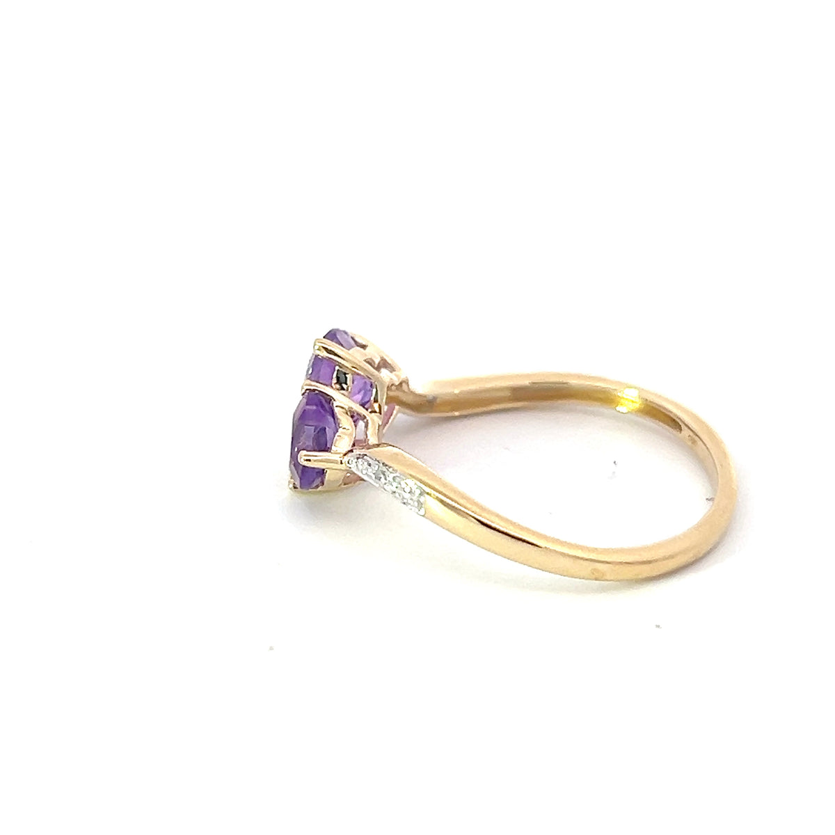 Anillo de oro amarillo de 10 quilates con amatista y diamantes con doble corazón, talla 7