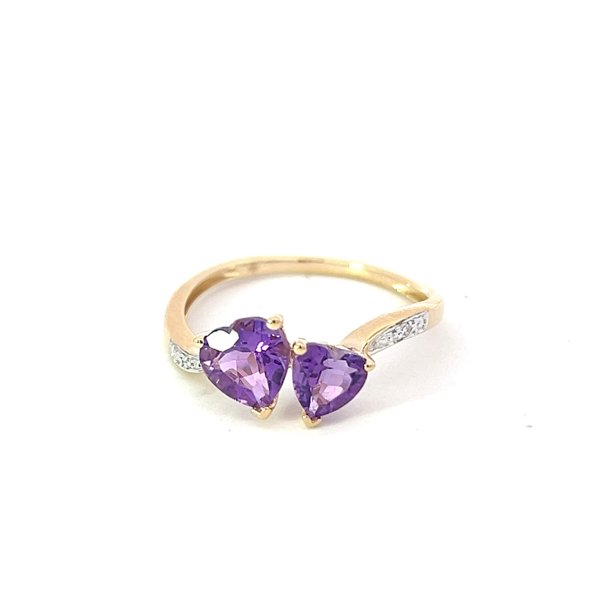 10K Yellow Gold Amethyst &amp; Diamond Double Heart Ring, size 7