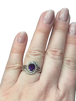 Anillo de plata de ley con amatista y diamantes, talla 6