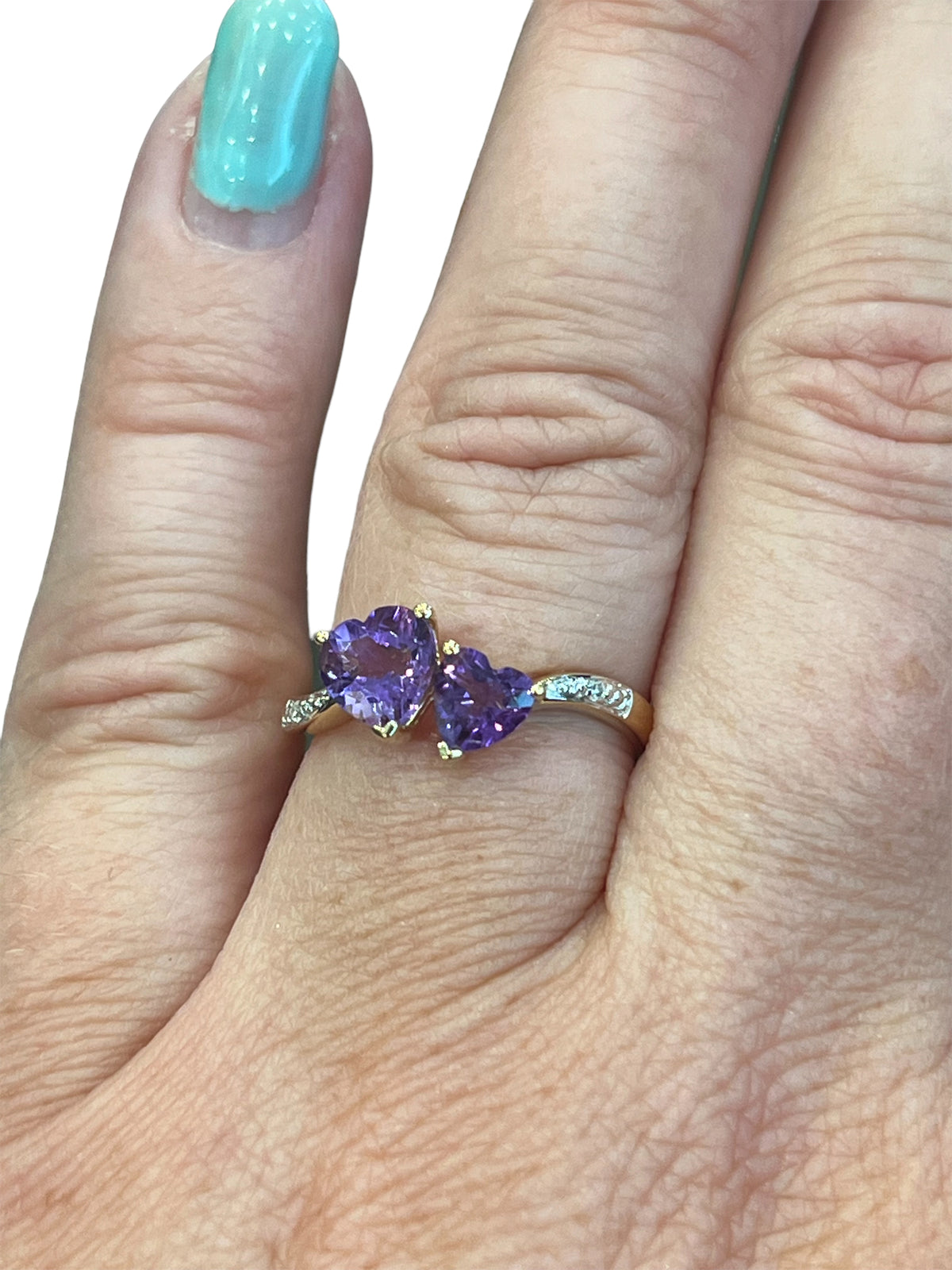 10K Yellow Gold Amethyst &amp; Diamond Double Heart Ring, size 7