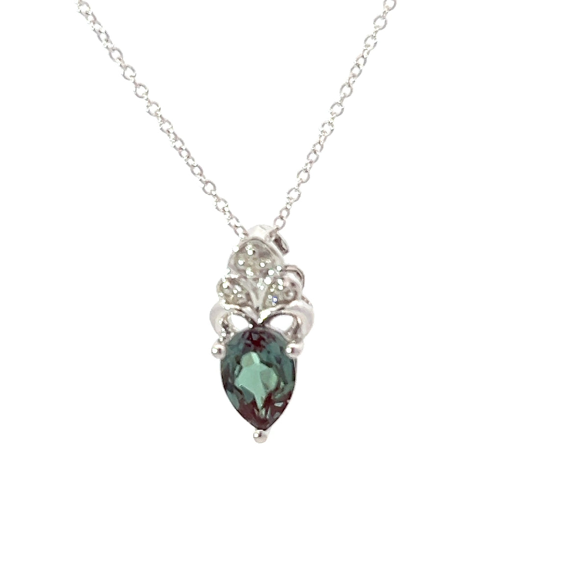 10K White Gold 7x5mm Pear Cut Created Alexandrite and 0.018cttw Diamond Necklace - 18 Inches