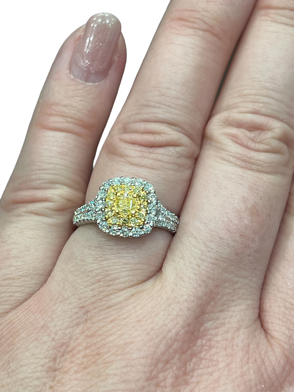 14K White Gold Fancy Yellow and White Diamond Ring - size 6.5