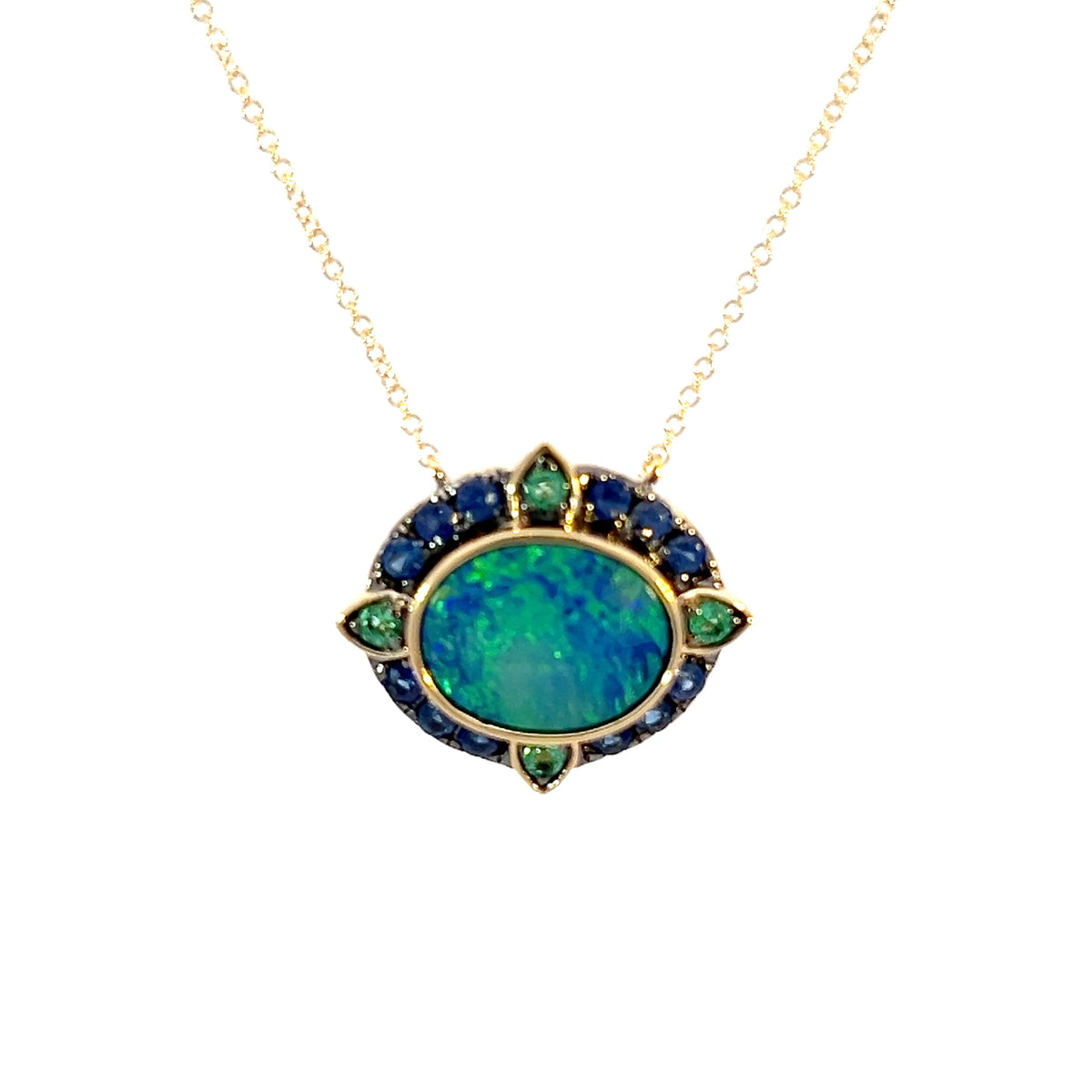 10K Yellow Gold Australian Opal Doublet with Emerald and Sapphire Halo Necklace - 18 Inches