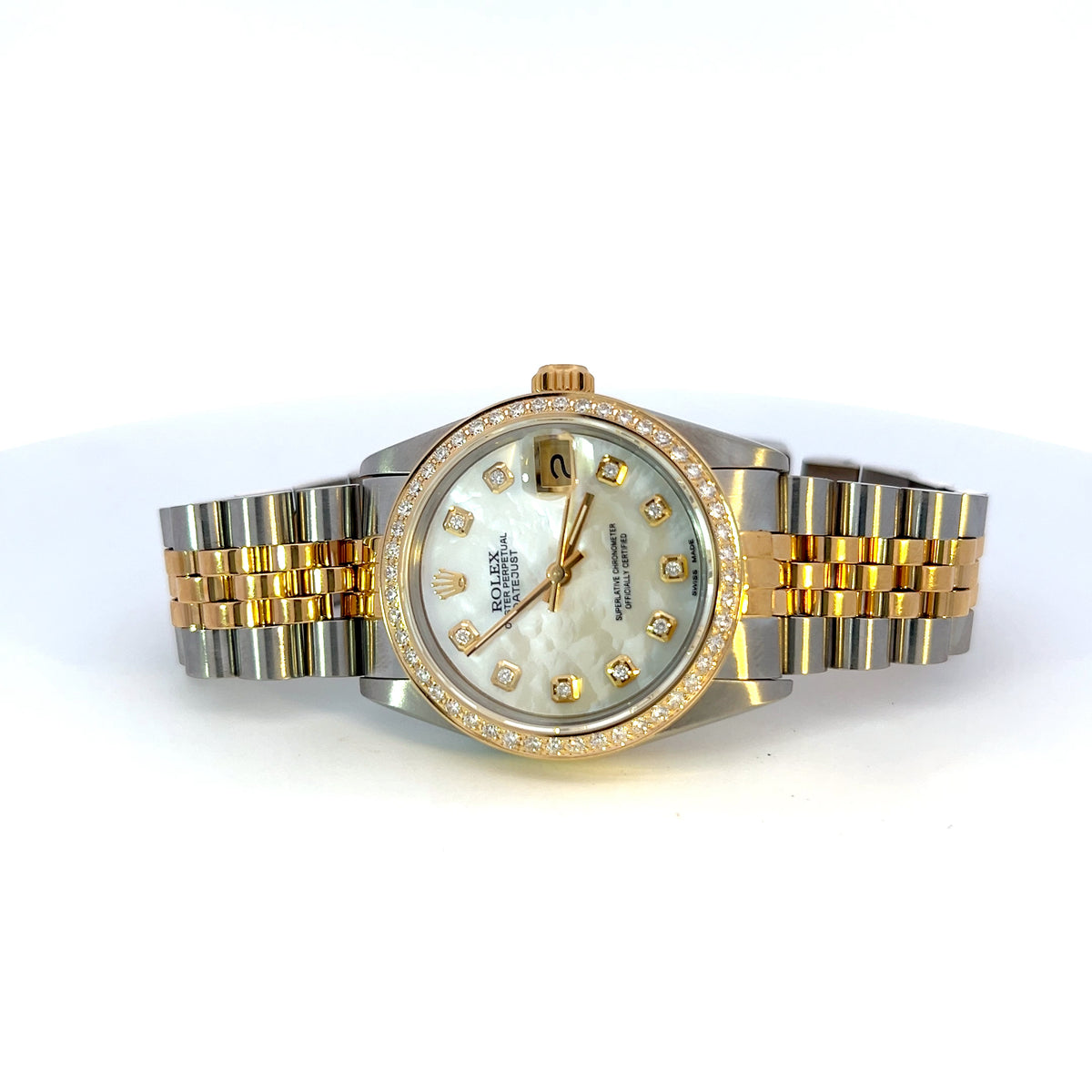 Swiss Crown™ USA Pre-owned Rolex-Independently Certified Steel and 18k 31mm Jubilee Datejust Mother of Pearl Diamond Dial and Bezel Watch