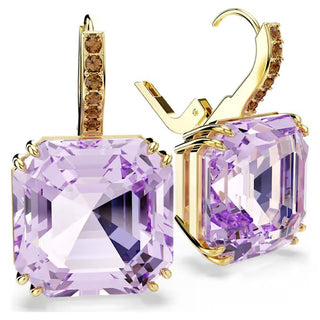 Swarovski Millenia drop earrings, Square cut, Purple, 18K gold finish 5759990