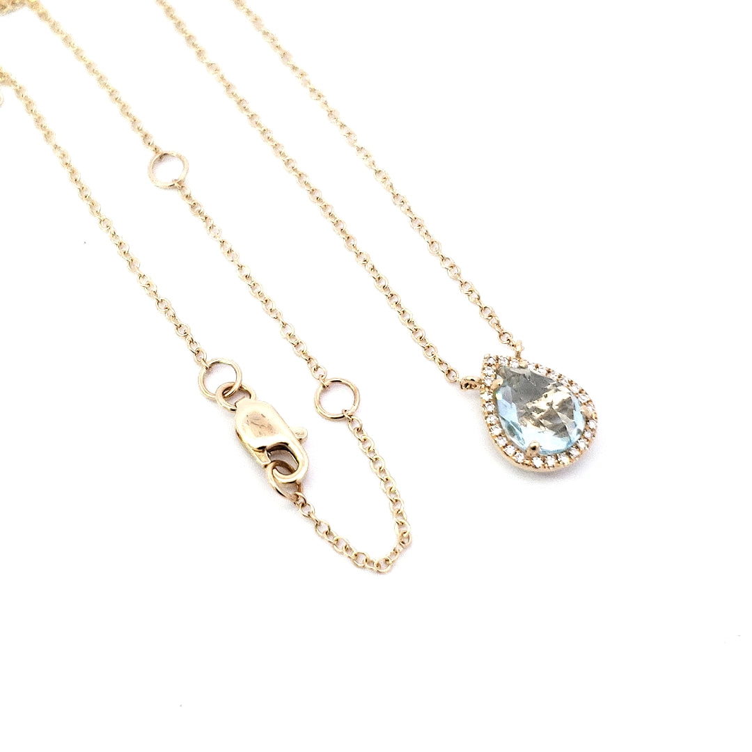 14K Yellow Gold Aquamarine and 0.06cttw Diamond Pendant - 18&quot;