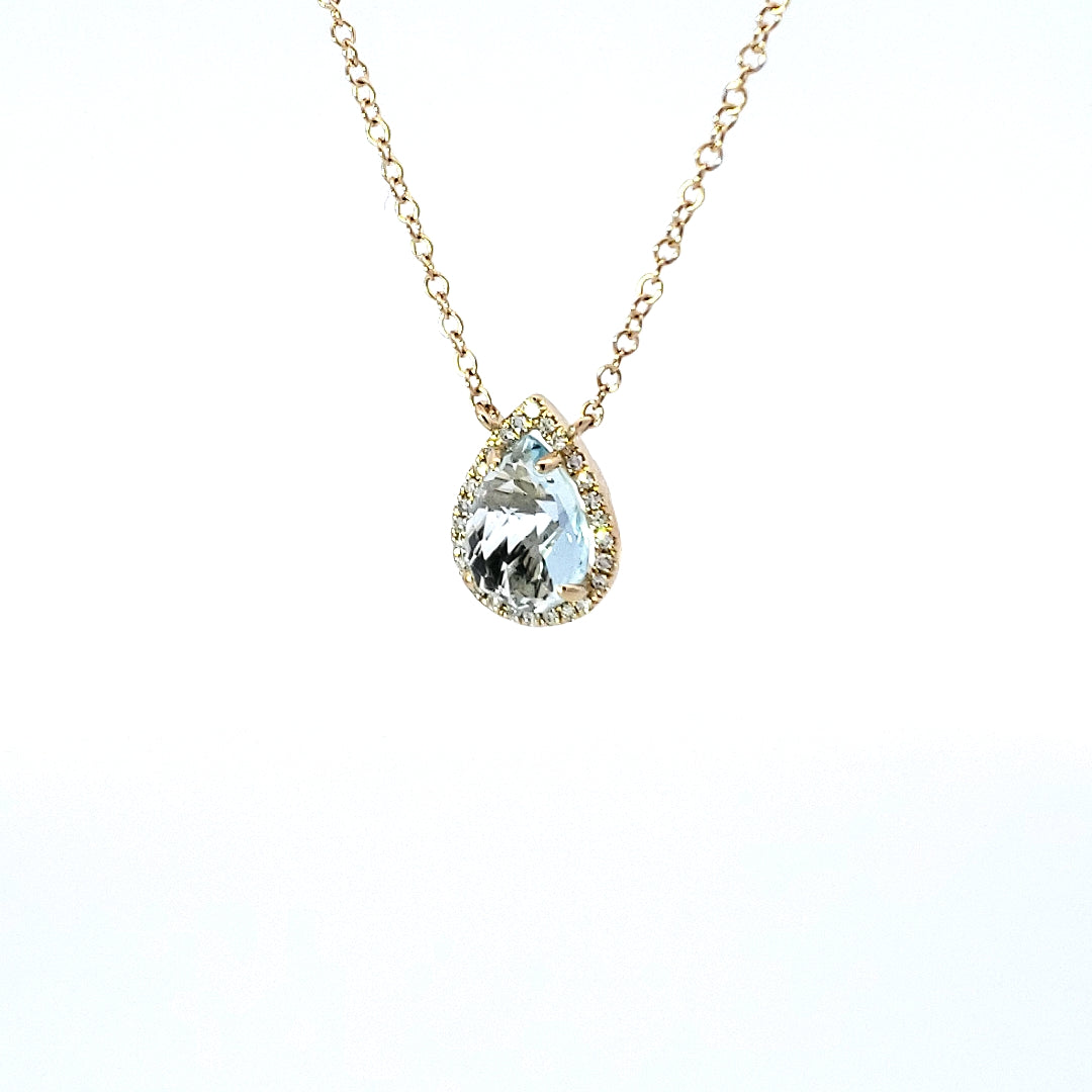 14K Yellow Gold Aquamarine and 0.06cttw Diamond Pendant - 18&quot;