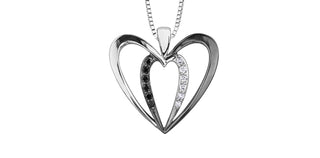 Sterling Silver Black & White Diamond Heart Necklace 18"