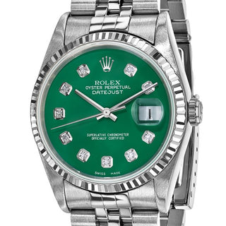 Rolex |Steel 36mm Jubilee Datejust Green Diamond Dial and 18k Fluted Bezel Watch - Independently Certified Swiss Crown™ USA