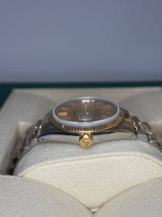 Pre- Owned Datejust 16013 36mm 18k & Ss Jubilce Bracolet Gold Curtain Dial Upraded Saphire Crystal . Rolex Box