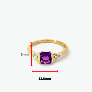 Anillo de oro amarillo de 10 quilates con amatista y diamantes, talla 6
