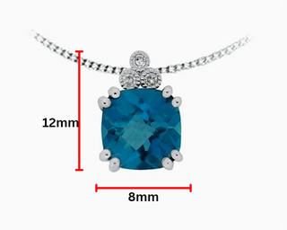 Collar de oro blanco de 10 quilates con topacio azul Londres tipo cojín de 8 mm con talla de tablero de ajedrez y diamantes de 0,03 quilates - 18 pulgadas