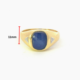 10K Yellow Gold Synthetic Star Sapphire and Diamond Gents Ring, size 10