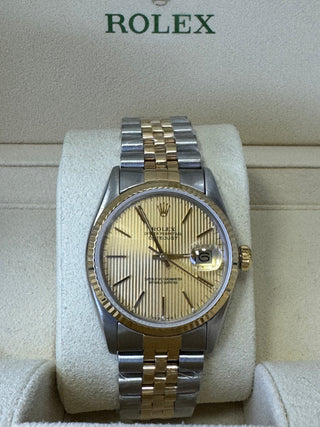 Pre- Owned Datejust 16013 36mm 18k & Ss Jubilce Bracolet Gold Curtain Dial Upraded Saphire Crystal . Rolex Box