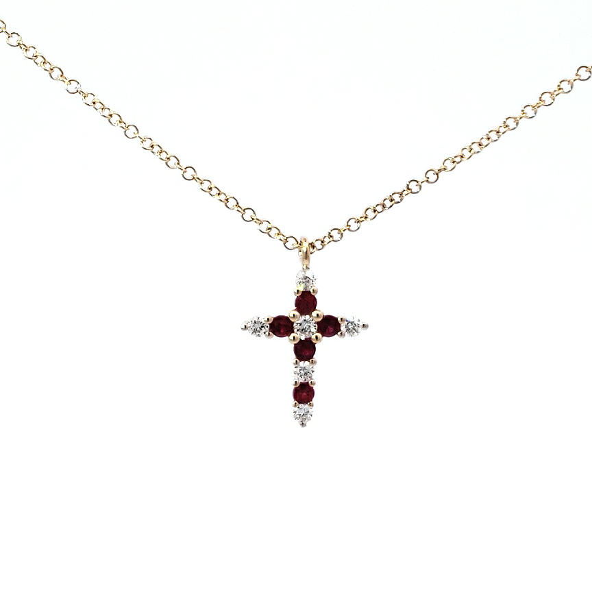14K Yellow Gold 0.15cttw Ruby and 0.13cttw Diamond Cross Pendant - 18 inches
