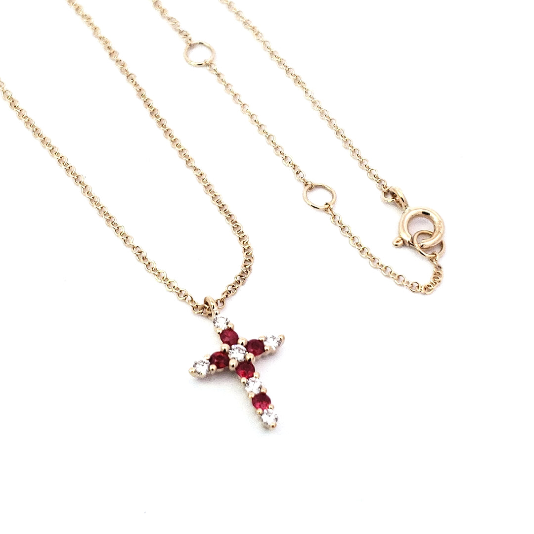 14K Yellow Gold 0.15cttw Ruby and 0.13cttw Diamond Cross Pendant - 18 inches
