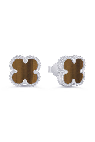 Tiger's Eye Clover Earrings, Mini - White Gold, 10k Gold