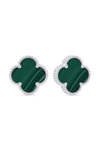 Malachite Clover Earrings, Small - White Gold, 10k Gold