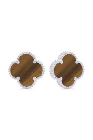 Tiger's Eye Clover Earrings, Small - White Gold, 10k Gold