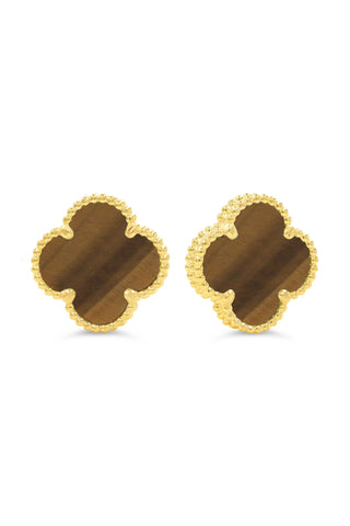 Tiger's Eye Clover Earrings, Small - Yellow Gold, 10k Gold