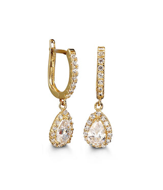Dangling Pear-Shaped Halo Earrings - White Gold