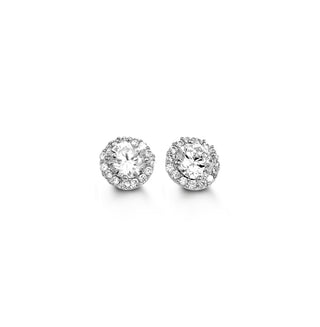 Round Halo CZ Stud Earrings, Small - White Gold