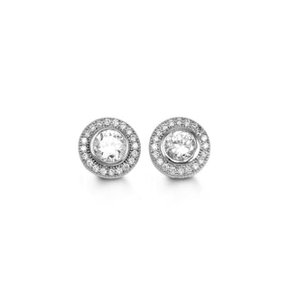 Bezel Halo Stud Earrings - White Gold